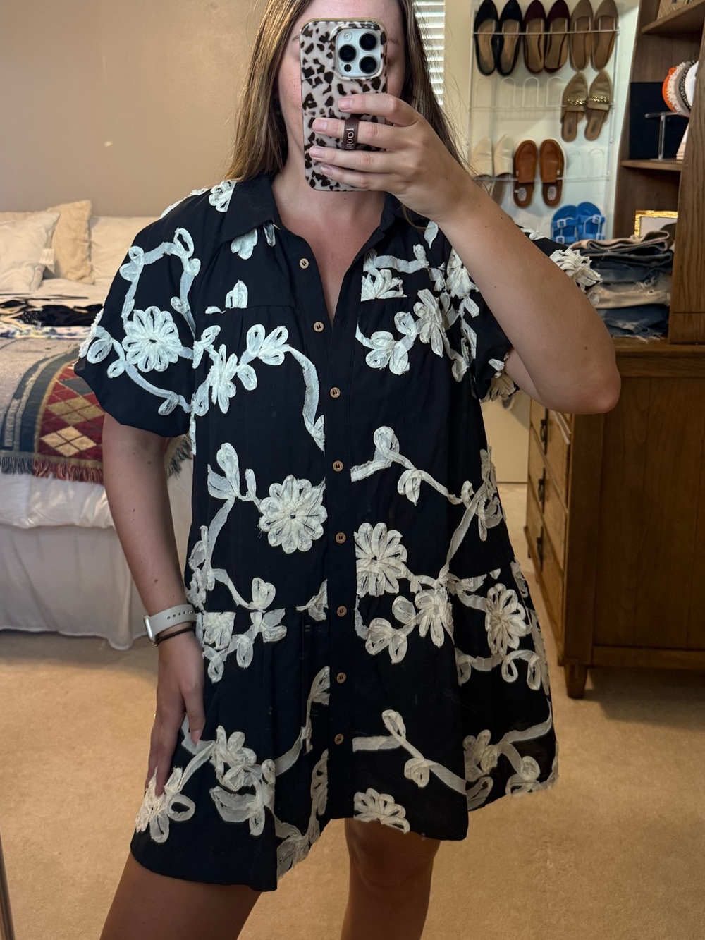 entro Black Mini Dress with White Floral Embroidery
